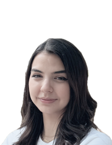 Head-and-shoulders portrait of a smiling young woman with long dark hair, wearing a light top against a plain backdrop.