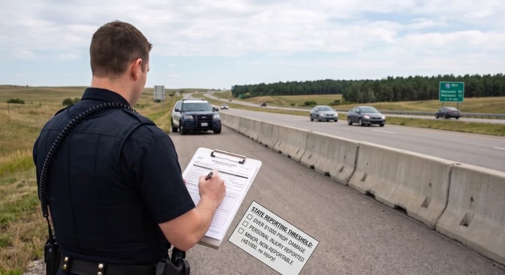 Agente uniformado escribe en un portapapeles junto a la autopista, con una barrera de hormigón y coches en movimiento al fondo.
