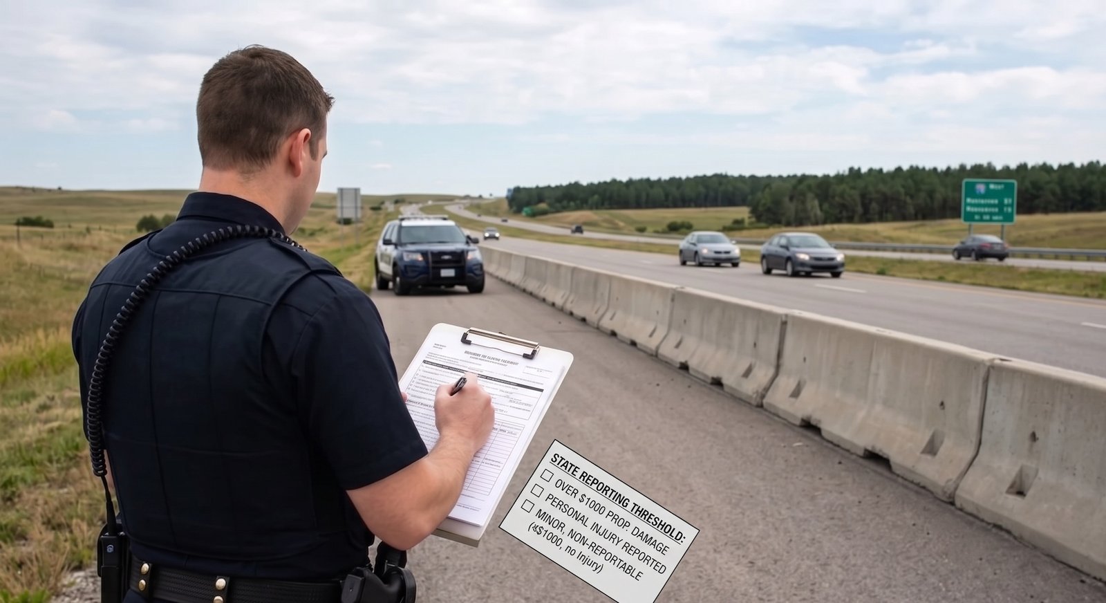 Officer in uniform writes on a clipboard by the highway, with a concrete barrier and moving cars in the background.