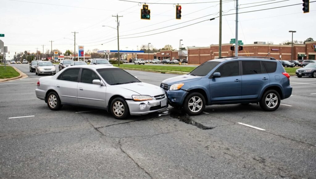 Silver sedan and blue SUV collided at an intersection in a parking-lot area; front bumper damage and fluid on the pavement visible nearby.