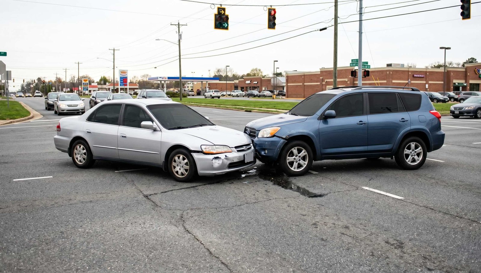 Silver sedan and blue SUV collided at an intersection in a parking-lot area; front bumper damage and fluid on the pavement visible nearby.
